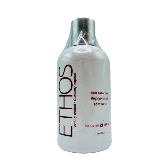 Ethos Grooming Essentials Peppermint Body Wash in 9 oz bottle, refreshing skin cleanser with cooling peppermint scent.