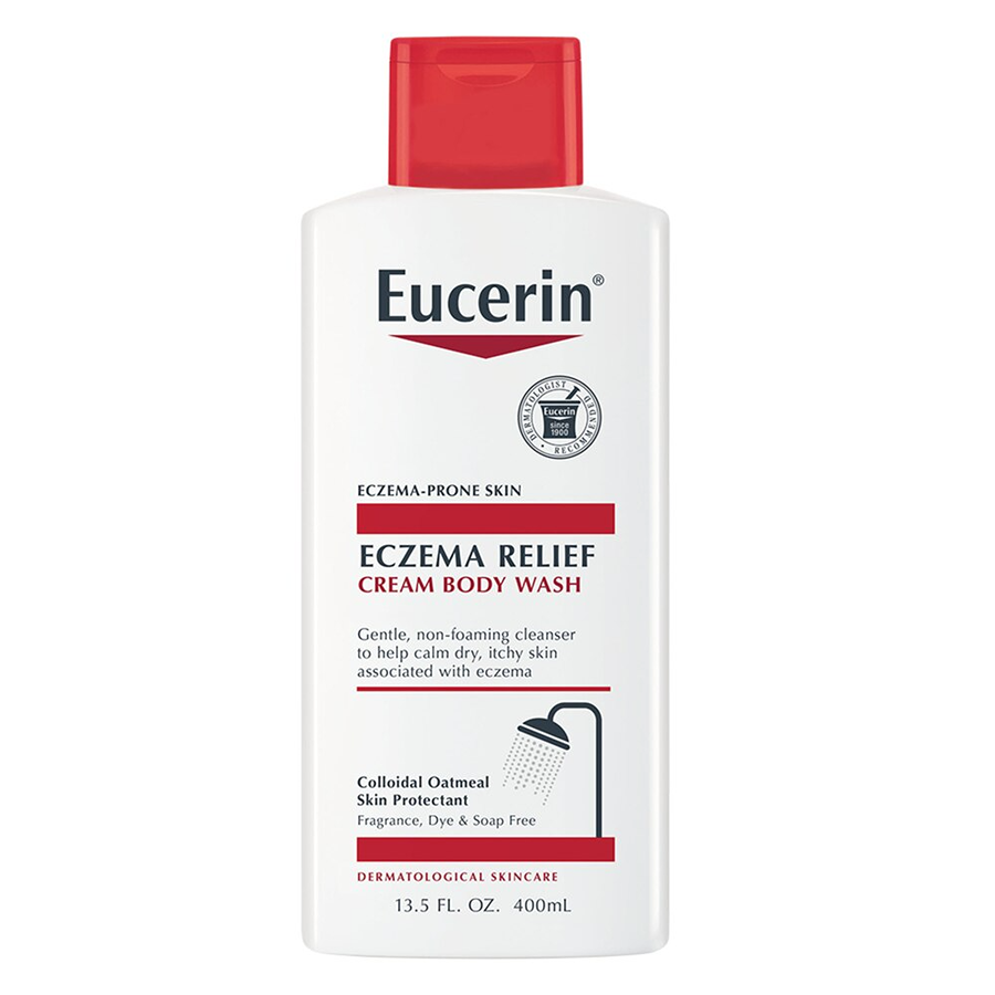 Eucerin Cream Body Wash for eczema relief in a 13.5 fl oz bottle, gentle cleanser for sensitive skin