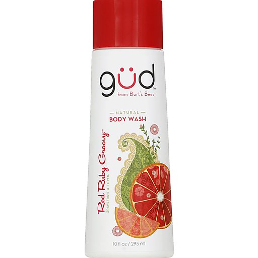 Gud Natural Body Wash by Pasteur Pharmacy with Red Ruby Groovy Grapefruit and Thyme, showing the product bottle and label.