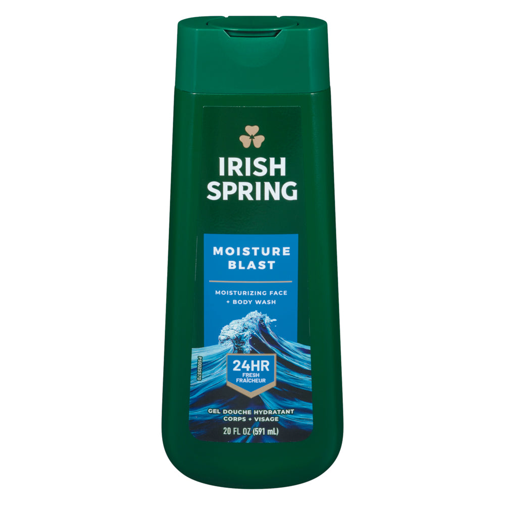 Irish Spring Moisture Blast Body Wash for Men in 20 oz bottle, featuring refreshing scent and hydrating formula.