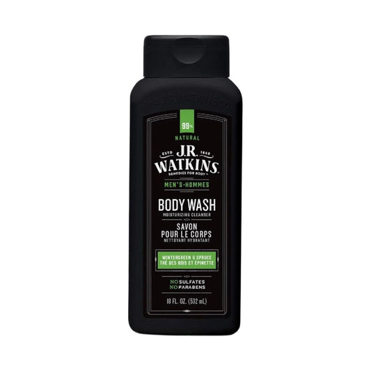 J.R. Watkins men's Wintergreen & Spruce body wash in an 18 oz bottle, refreshing natural scent, for clean and invigorated skin