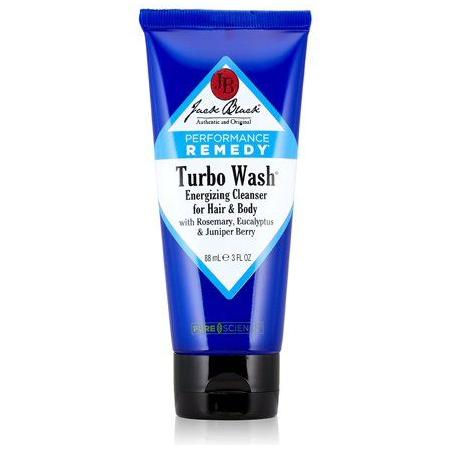 Jack Black Turbo Wash energizing body and hair cleanser in a 3 fl oz bottle, designed for refreshing cleansing.