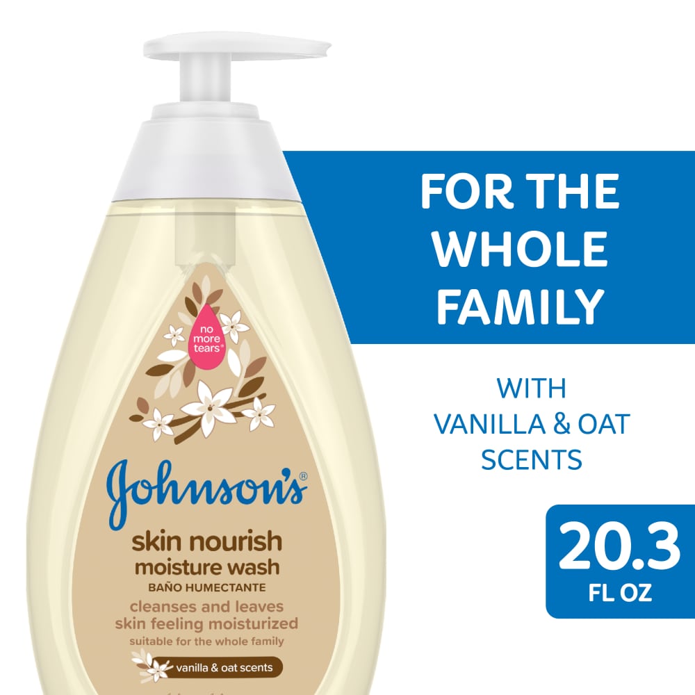 Johnson's Baby Moisture Wash with vanilla and oat scents, skin nourishment body wash in a 20.3 fl oz bottle.