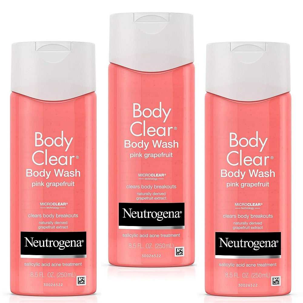 Neutrogena Body Clear Acne Body Wash with Pink Grapefruit in 8.5 fl oz bottle, featuring a clear bottle and pink grapefruit scent.
