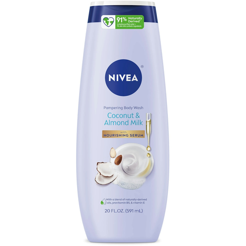 Nivea Coconut & Almond Milk Body Wash in a 20 fl oz bottle, moisturizing and gentle for smooth skin.