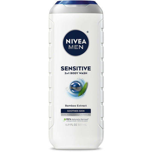 NIVEA Men Sensitive Body Wash bottle showing soothing formula and 16.9 fl oz size, designed for gentle skin care.