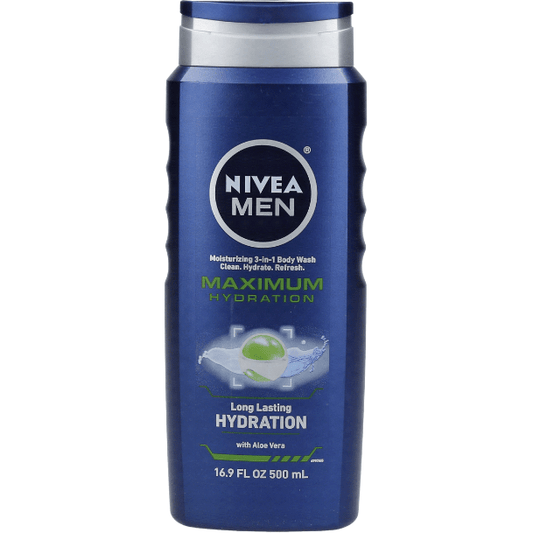 Nivea Men Maximum Hydration 3-in-1 Body Wash in a 16.9 oz bottle, designed for men’s skin hydration and cleansing.