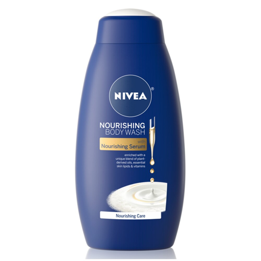 Nivea Nourishing Care Body Wash for dry skin in a 20 Fl Oz bottle, gentle formula from Pasteur Pharmacy with moisturizing ingredients.