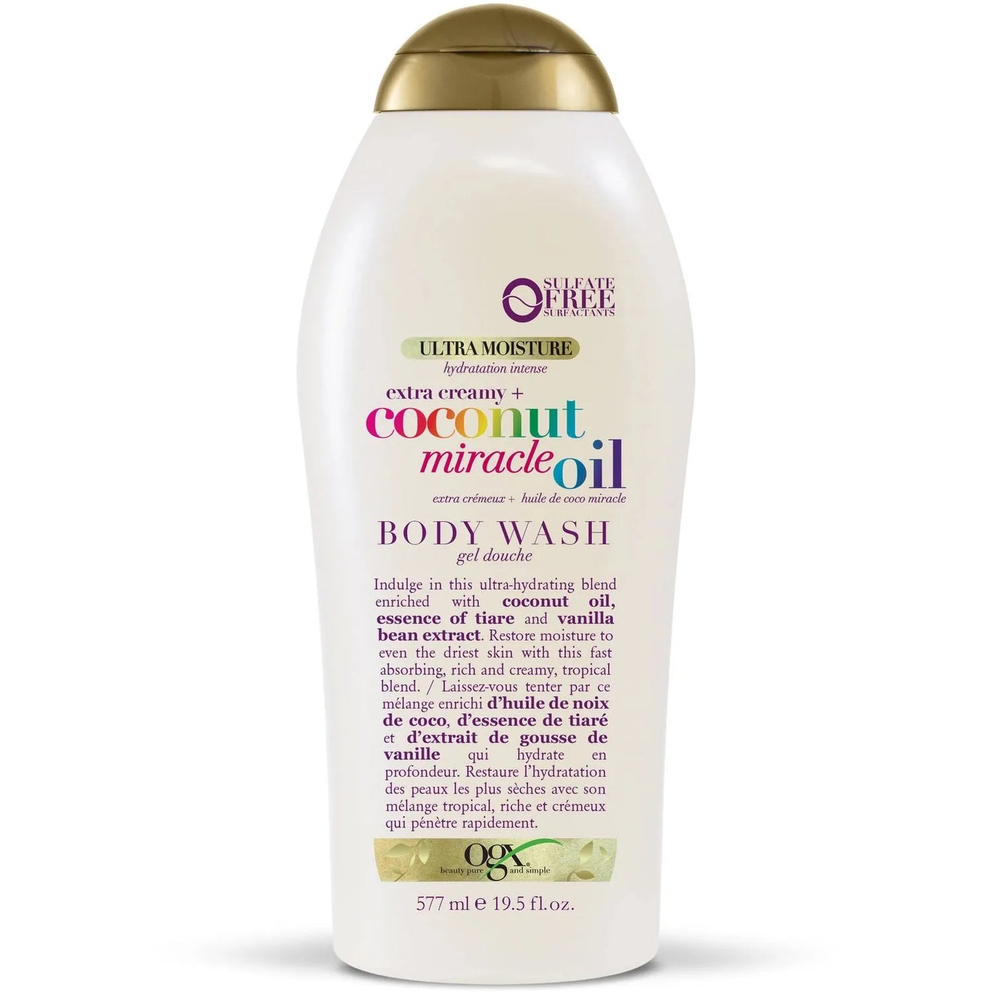 OGX Extra Creamy Coconut Miracle Oil Body Wash in 19.5 oz bottle, featuring creamy texture and coconut scent for ultra moisture.