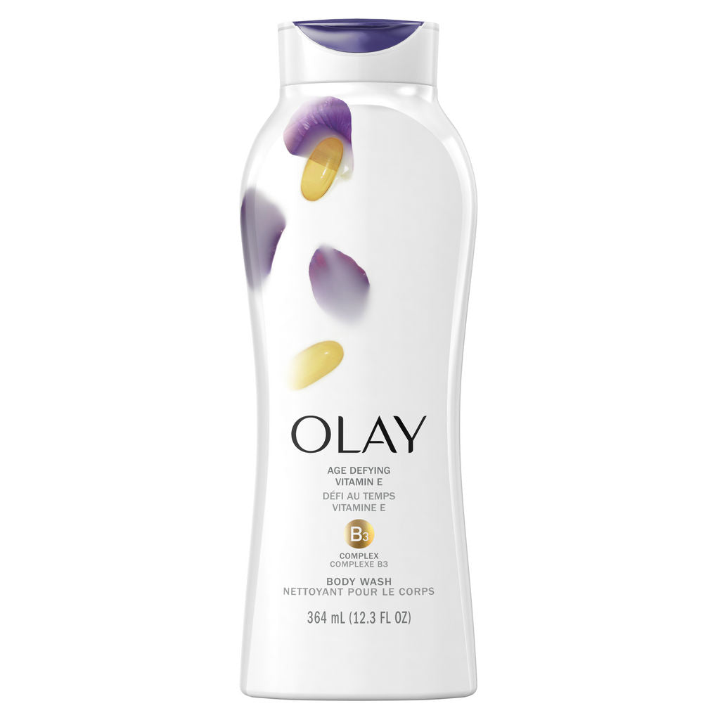 Olay Age Defying Body Wash with Vitamin E in a 12.3 oz bottle, moisturizing and revitalizing for mature skin.