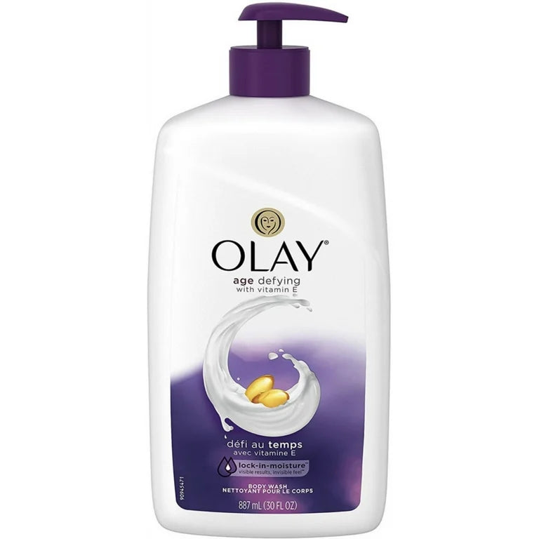 Olay Age Defying Body Wash with Vitamin E in a 30 fl oz bottle, featuring a clear pump dispenser and bright packaging.