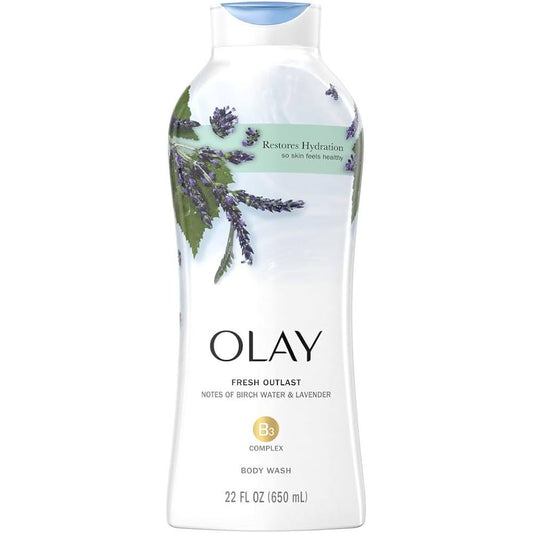 Olay Body Wash with Birch Water and Lavender in a 22 oz bottle, moisturizing and refreshing for skin care.