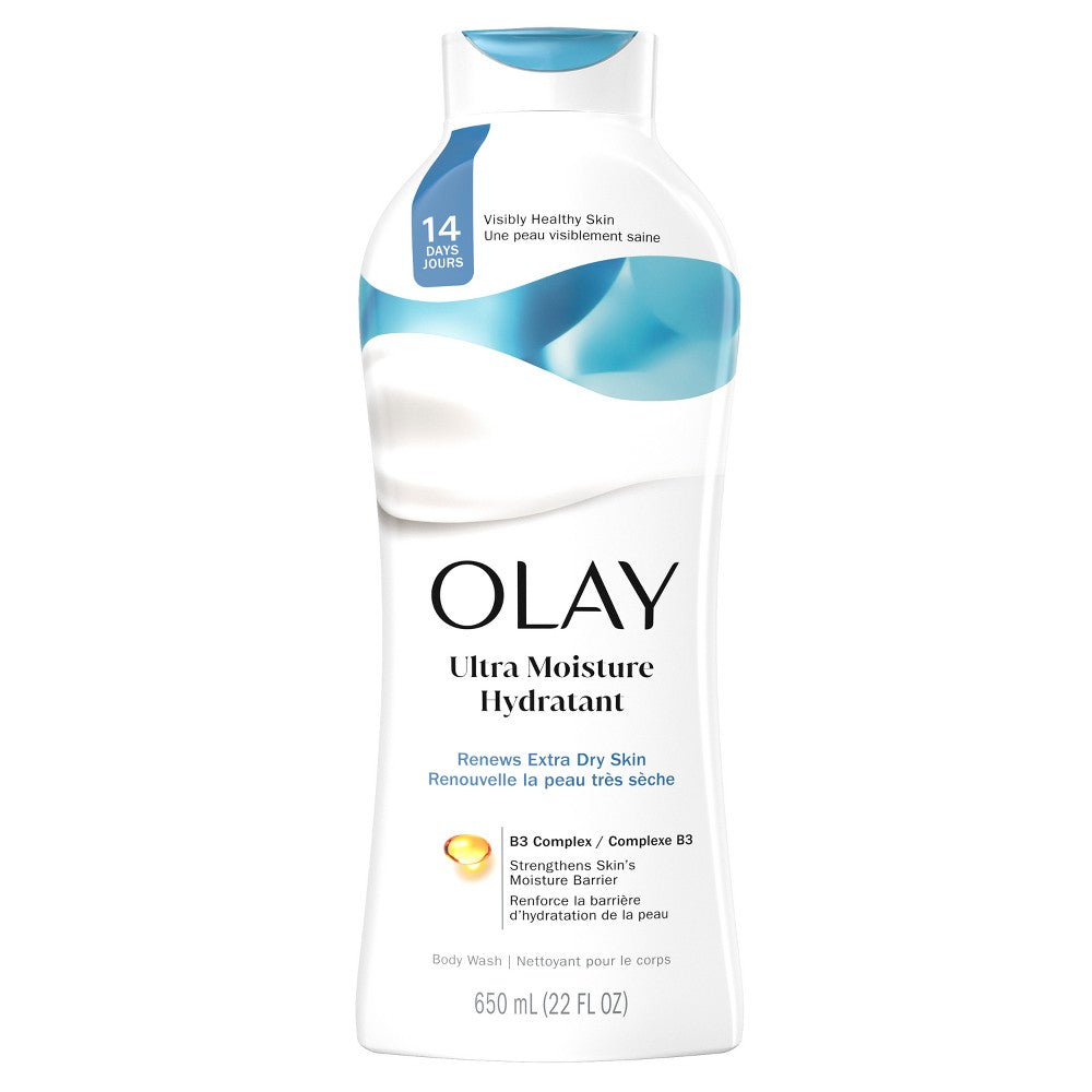 Olay Ultra Moisture Hydrating Body Wash for extra dry skin in a 22 fl oz bottle, natural lather and moisturizing formula