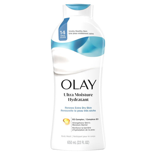 Olay Ultra Moisture Hydrating Body Wash for extra dry skin in a 22 fl oz bottle, natural lather and moisturizing formula