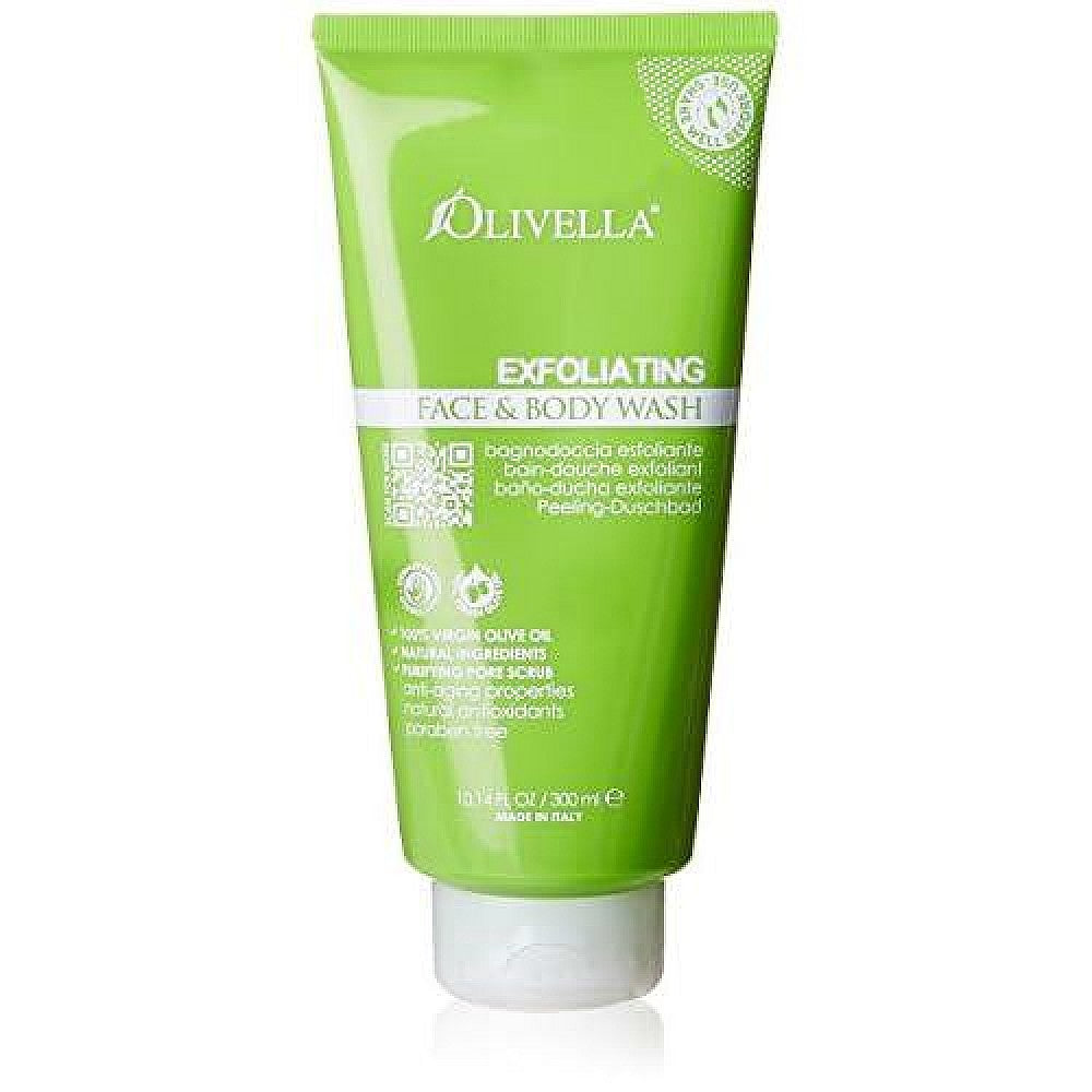 Olivella exfoliating body wash by Pasteur Pharmacy, 10.14 oz, with a pump dispenser and natural ingredients for face and body cleansing.