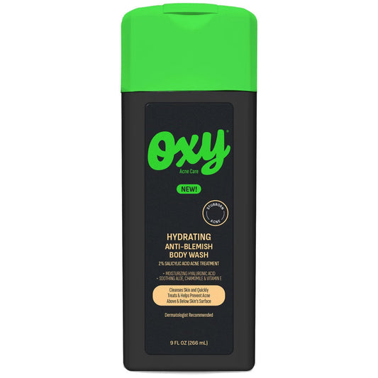 Pasteur Pharmacy Oxy 2% Salicylic Acid Body Wash for stubborn acne and blemishes, 9 fl oz bottle with clear liquid and pump dispenser.