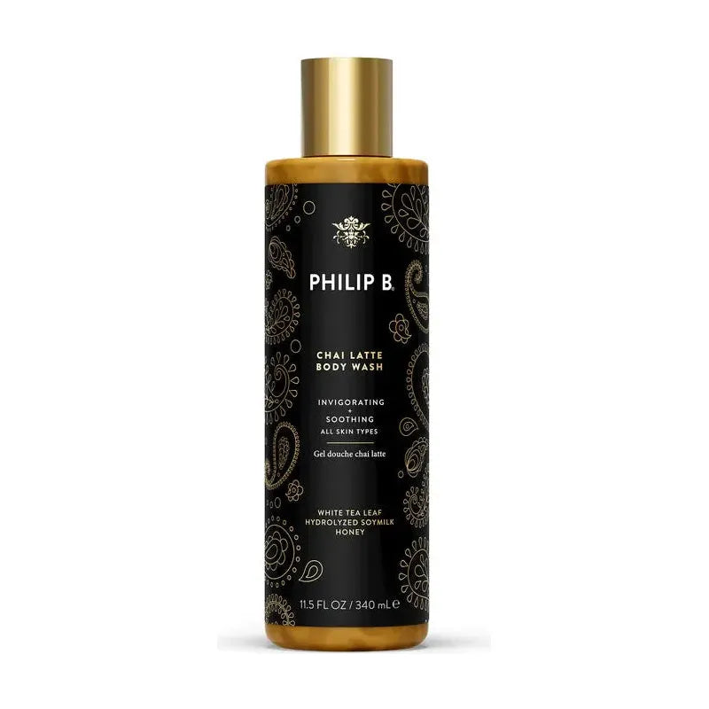 Philip B. Chai Latte body wash in an 11.5 fl oz bottle, featuring a creamy, chai latte scent and gentle cleansing formula.