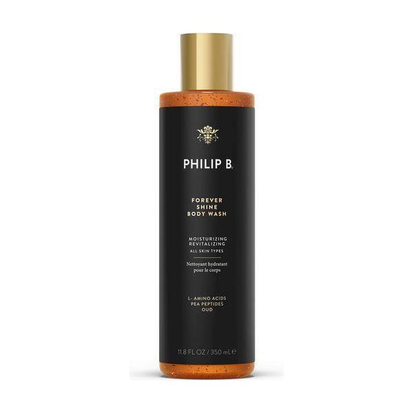Philip B. Forever Shine Body Wash in a clear bottle, with a white and blue label, 11.8 oz size, by Pasteur Pharmacy.