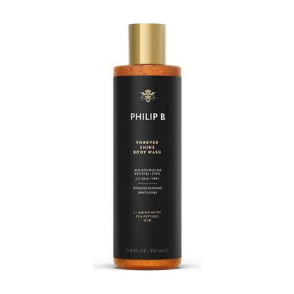 Philip B. Forever Shine Body Wash in a clear bottle, with a white and blue label, 11.8 oz size, by Pasteur Pharmacy.