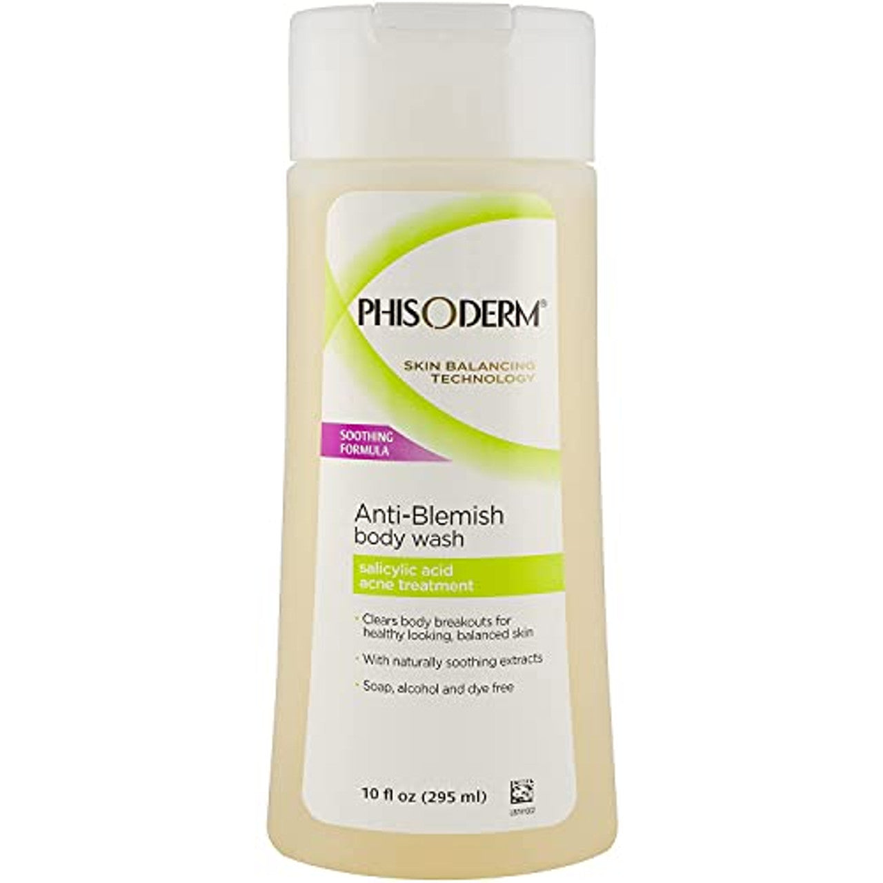 Pasteur Pharmacy Phisoderm Anti-Blemish Body Wash in 10 Fl Oz bottle, showing the product label and clear liquid inside