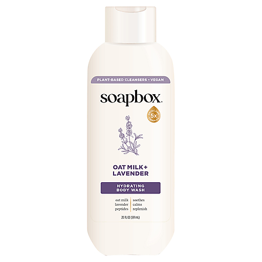 Soapbox Body Wash with oat milk and lavender in a 20 oz bottle, featuring a pump dispenser and natural ingredients.