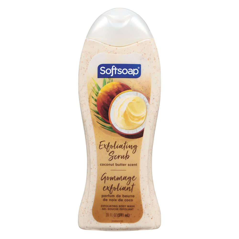 Softsoap Coconut Butter Scrub Body Wash in a 20 fl oz bottle, featuring a creamy coconut scent and nourishing formula.