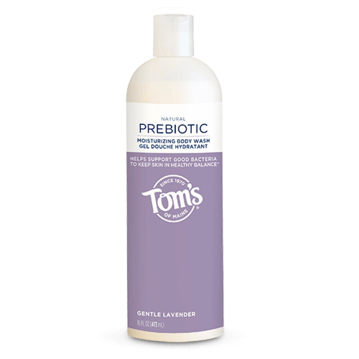 Tom's of Maine Lavender Prebiotic Body Wash in 16 oz bottle, natural body wash with soothing lavender scent.