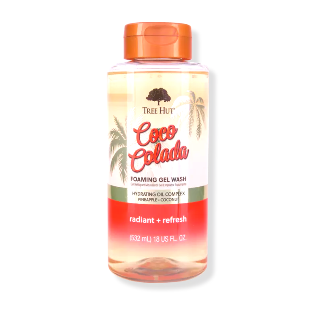 Tree Hut Coco Colada foaming gel body wash in 18 fl oz bottle, featuring tropical coconut and pineapple scent, from Pasteur Pharmacy.