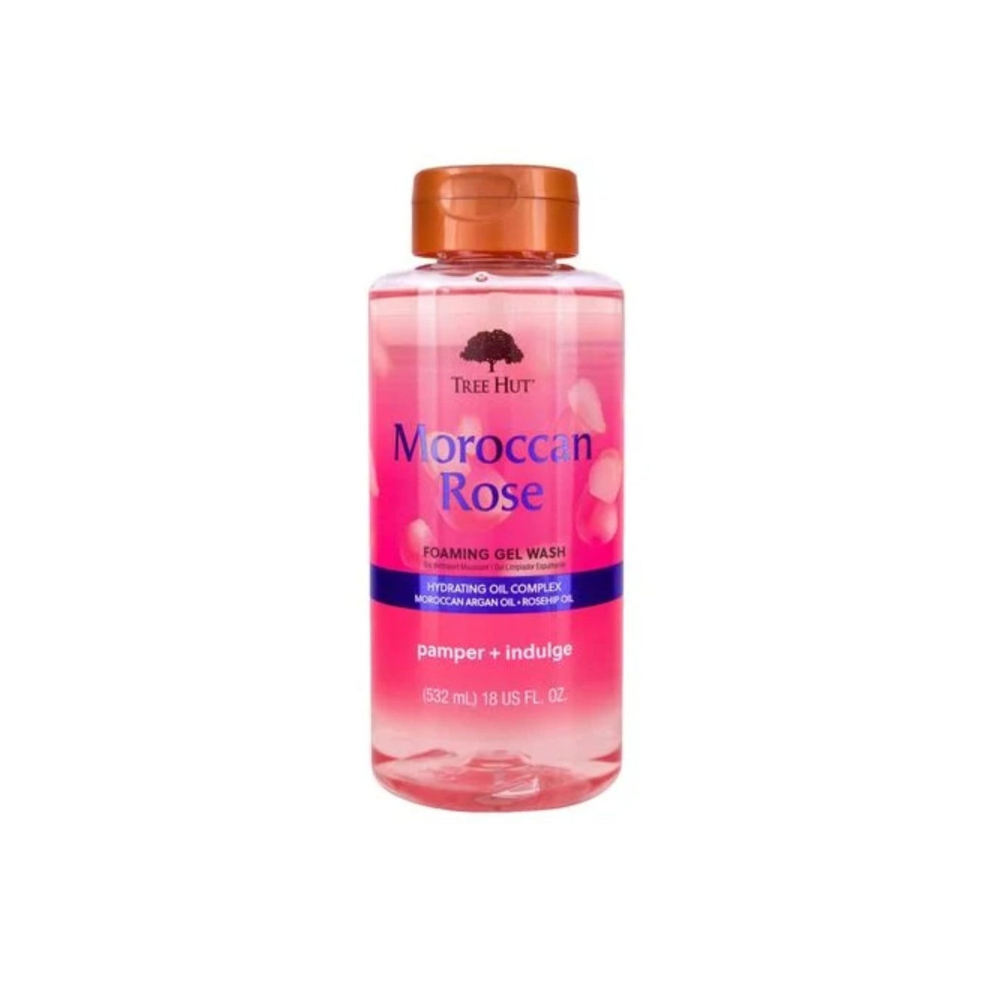 Tree Hut Moroccan Rose foaming gel body wash in an 18 fl oz bottle, with a pink and floral label, designed for gentle cleansing.