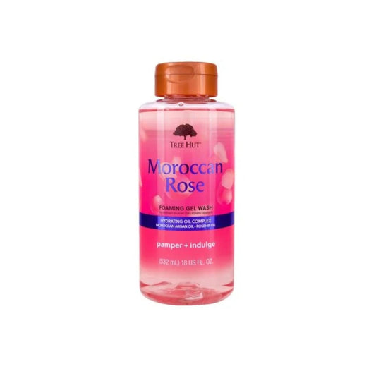 Tree Hut Moroccan Rose foaming gel body wash in an 18 fl oz bottle, with a pink and floral label, designed for gentle cleansing.