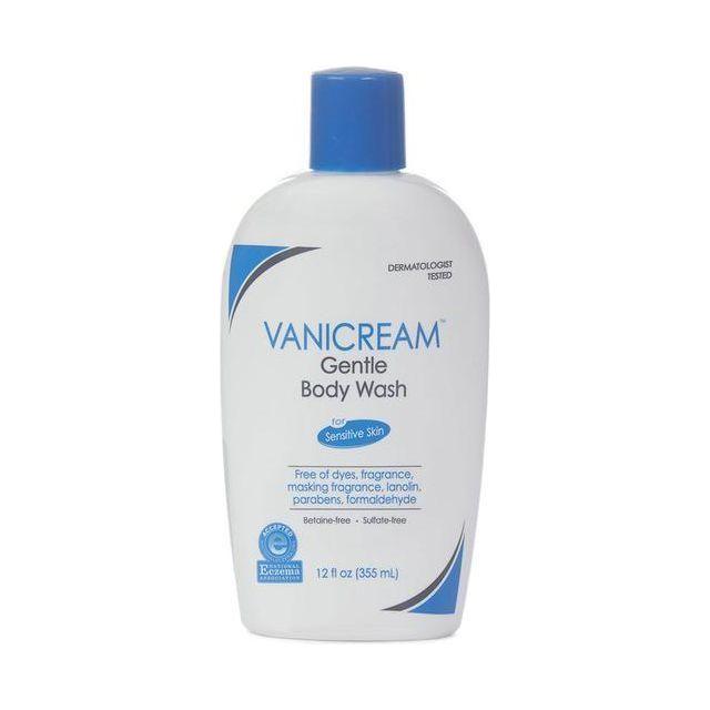Vanicream Gentle Body Wash in 12 oz bottle, soothing skincare product with clear liquid in a white and blue bottle.