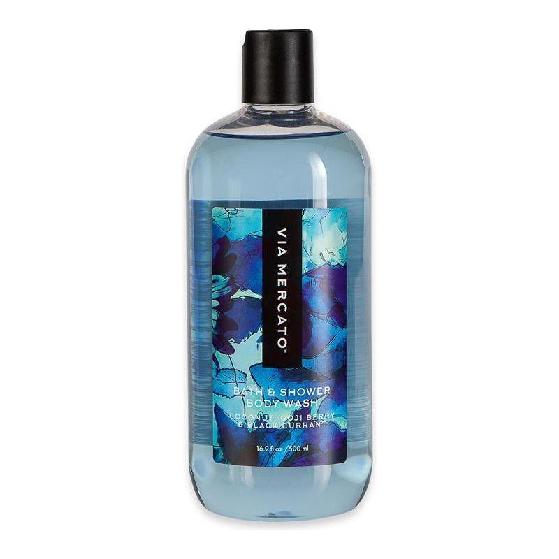 Pasteur Pharmacy Via Mercato Coconut, Goji Berry & Black Currant Body Wash bottle with colorful label, 16.9 fl oz.