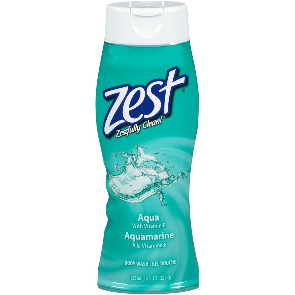 Zest Aqua Vitamin E refreshing body wash in a clear 18 fl oz bottle, featuring blue and white packaging with a citrus splash design.