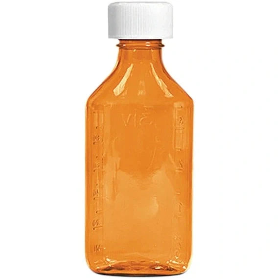 Plastic amber bottle, 12 oz, by Pasteur Pharmacy, shown in a pack of 100 for storing liquids or pharmaceuticals.