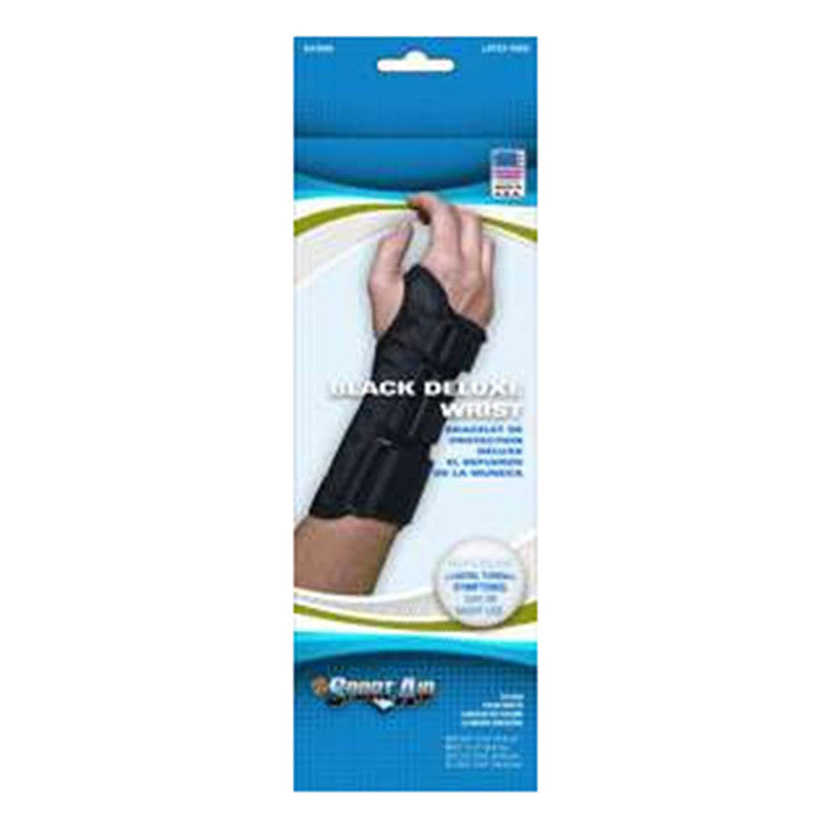 Black Sport Aid SA3900 Deluxe wrist brace supporting the right hand, large size, providing comfortable bowling wrist support.