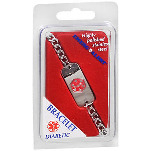 Emerg Alert diabetic medical bracelet by Pasteur Pharmacy showing a silver bracelet with emergency identification tag.