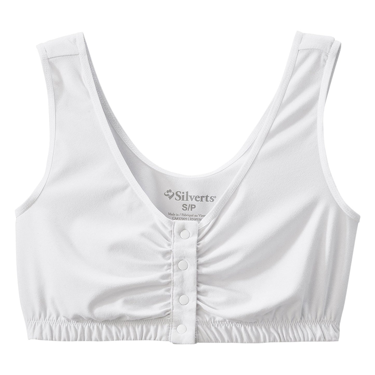 White Silverts adaptive front closure bra for small sizes, designed for comfort and easy wear, with supportive straps and front fastening.