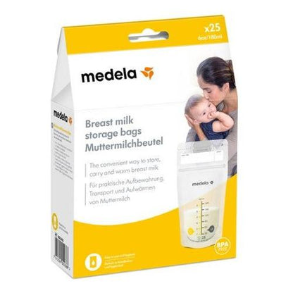 Medela Breast Milk Storage Bags from Pasteur Pharmacy, 6oz capacity, clear plastic bags for storing expressed breast milk.
