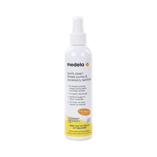 Medela Quick Clean Breast Pump & Accessory Sanitizer Spray in 8oz bottle, effective for sterilizing breast pump parts.