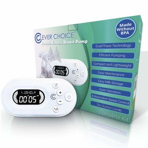 Clever Choice double electric breast pump kit by Pasteur Pharmacy with two pump flanges and tubing for breastfeeding.