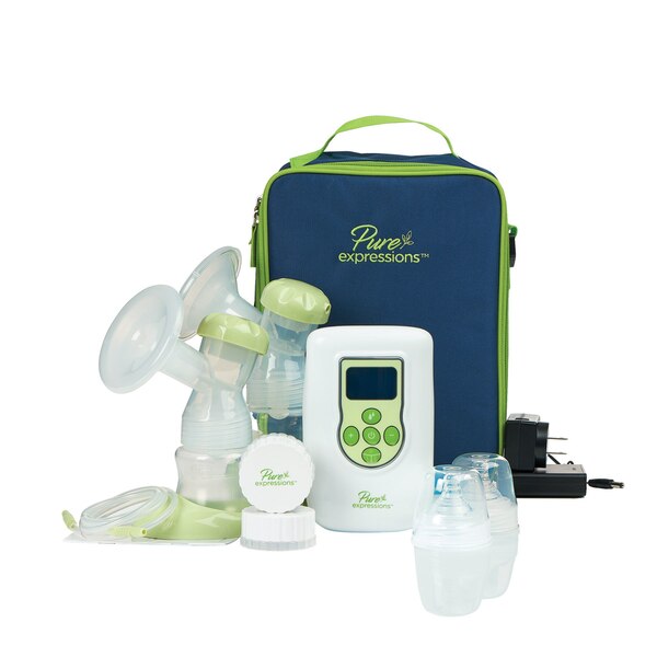 Drive Medical Pure Expressions dual channel electric breast pump with two milk collection bottles and adjustable settings.