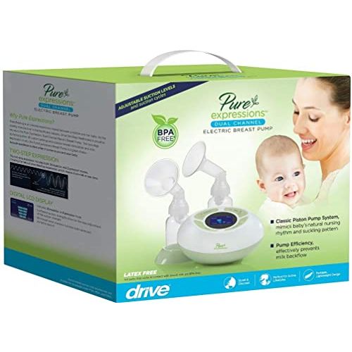 Drive Medical Pure Expressions dual channel electric breast pump with ergonomic design and dual flange attachments.
