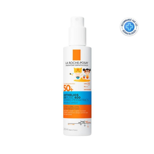 La Roche Posay Anthelios Dermo-Pediatrics Invisible SPF50+ spray in 200ml bottle, shown as a lightweight, transparent breath spray.