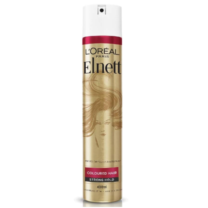 L'Oreal Paris Elnett Volume Flat Hair Strong Hold Hair Spray 400ml in aerosol can with clear label and cap.