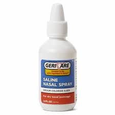 GeriCare saline nasal spray in a 1.5oz bottle, designed for nasal congestion relief, shown in a clear spray bottle with label