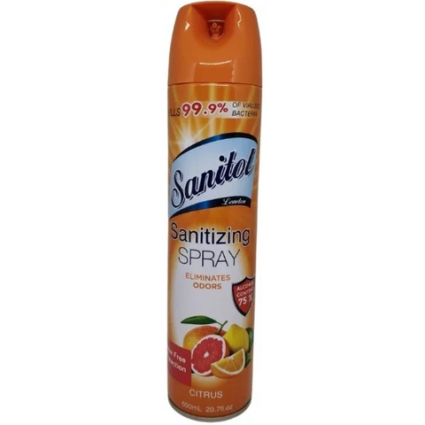 Sanitol Citrus Disinfectant Spray by Pasteur Pharmacy, 20.7 oz breath spray with citrus scent, 12-pack, in a spray bottle.