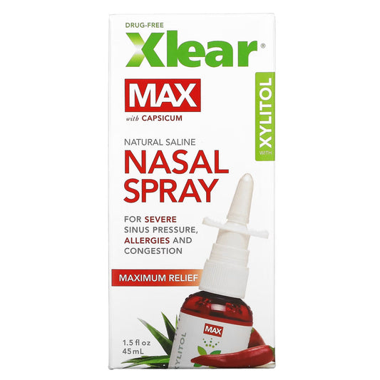 Xlear Saline Nasal Spray Max by Pasteur Pharmacy, 1.5 fl oz breath spray for nasal relief and hydration.