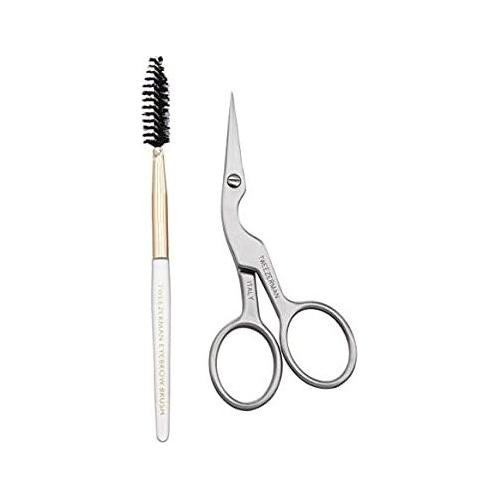 Tweezerman Brow Shaping Scissors and Brush for precise eyebrow grooming, with stainless steel blades and a soft brush attachment.