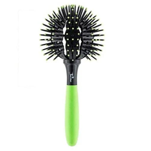 Large neon green brush called The Twirler by Wassabi, featuring a vibrant design and sturdy bristles for styling.