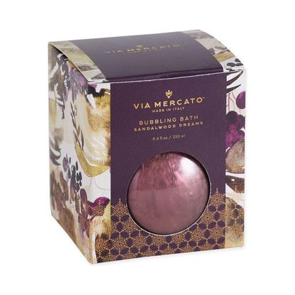 Pasteur Pharmacy Via Mercato Sandalwood Dreams Bubble Bath 250 mL bottle with soothing sandalwood scent and elegant packaging.